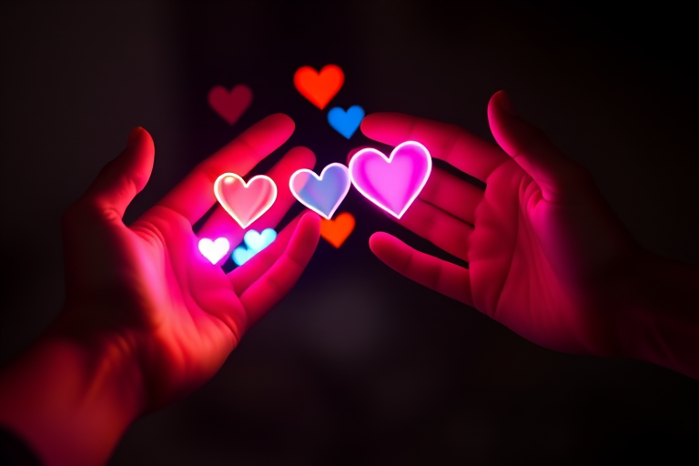 Create an image of two hands reaching out to each other with colorful, glowing heart shapes floating between them, captured with a DSLR camera at f/2.8 aperture, ISO 100, 50mm lens, with a soft bokeh background to enhance image quality.