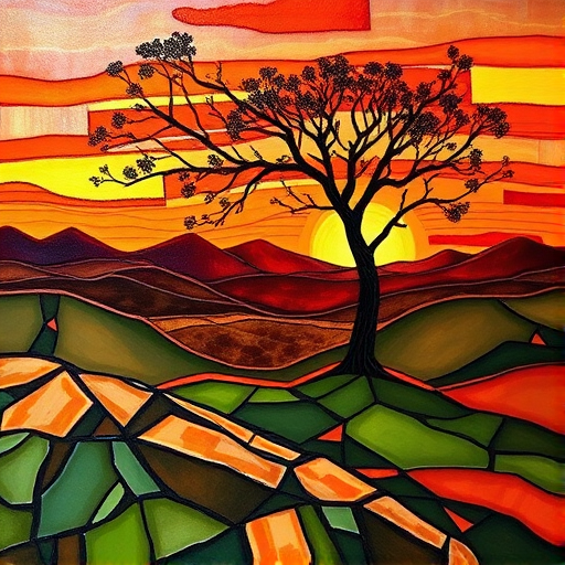 A vibrant abstract painting on Tiffany Glass, blending acrylic and alcohol ink techniques, captures a dramatic sunset over rolling hills. The artwork features a textured, rocky foreground in green and brown, layered abstract hills, and a striking sunset in rich oranges, yellows, and reds. A solitary black tree with intricate branches contrasts against the fiery sky, creating a dynamic and expressive portrayal of a breathtaking natural scene.