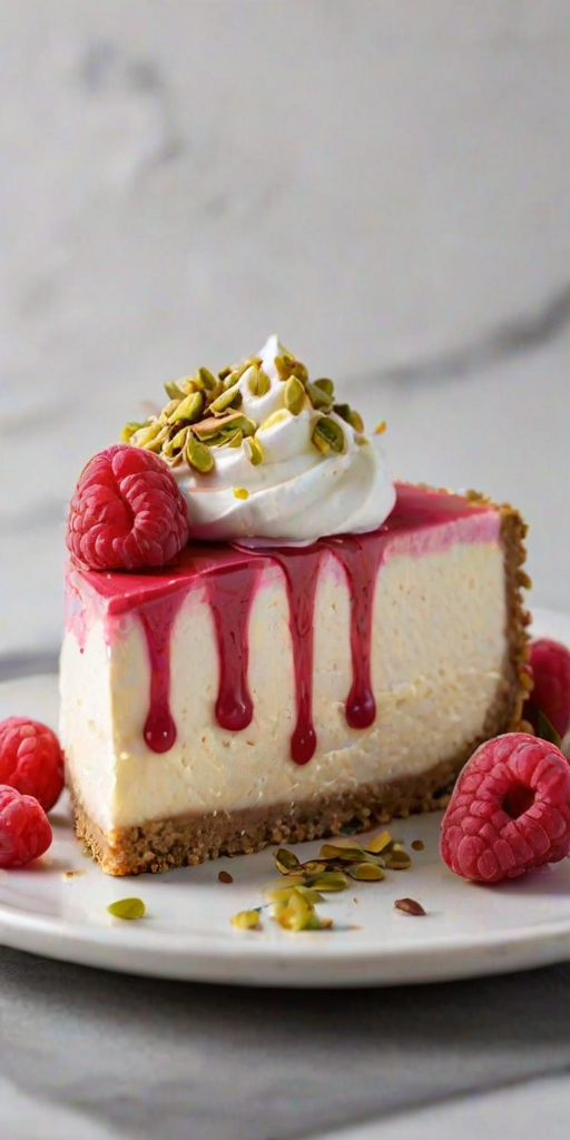 Create an image of a slice of layered cheesecake with a creamy texture. The top layer should be a light pink raspberry mousse, garnished with fresh raspberries and chopped pistachios. Include a swirl of whipped cream on top, with a sprinkle of crushed pistachios and a drizzle of raspberry sauce. The crust should be a golden cookie base, and the background should feature a marble countertop.