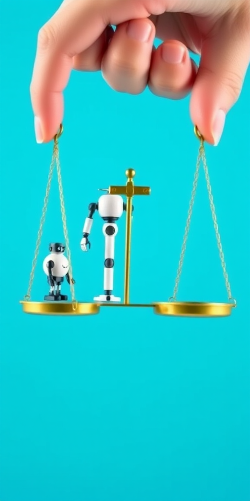 Create an image of a hand holding a balance scale with a robot on one side and a human figure on the other, using a wide-angle lens, f/4 aperture, ISO 100, shot from a low angle to enhance depth, in a flat design style with a bright blue background.