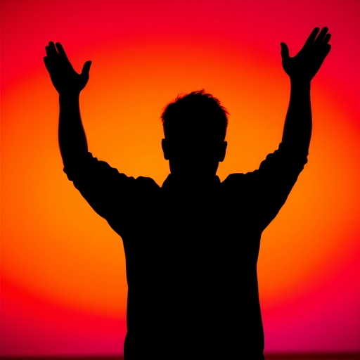 Capture an abstract black silhouette of a person standing with arms raised, set against a vibrant gradient background of orange and purple; use a DSLR camera with a 50mm lens, f/1.8 aperture, ISO 200, and a shutter speed of 1/500s, shot from a low angle to emphasize the figure against the colorful backdrop.