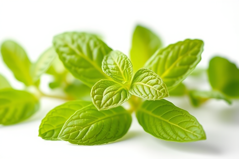 fresh mint leaves on a white background, shallow depth of field, f/2.8, 1/125s, ISO 100, 50mm lens, natural light, DSLR camera