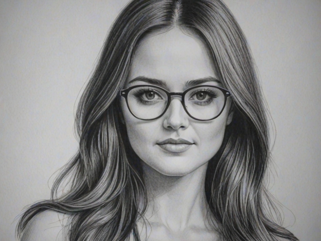 Appealing Danica McKellar, pencil sketch, portrait of Bewitching woman 1969s in glasses, hair style beatnik, outline, clear lines, fine lines, 8k