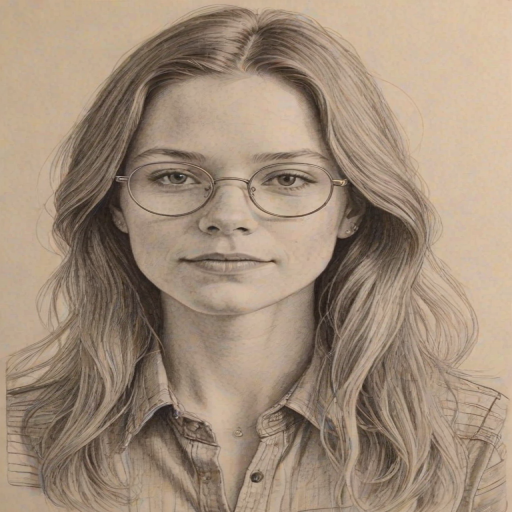 Delightful Maggie Rogers, pencil sketch, portrait of Pleasing woman 1974s in glasses, hair style beatnik, outline, clear lines, fine lines, 8k