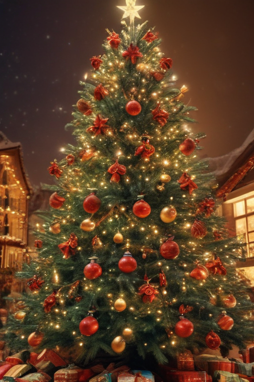 A Glorious Christmas Tree Adorned with Lights and Colorful Ornaments.