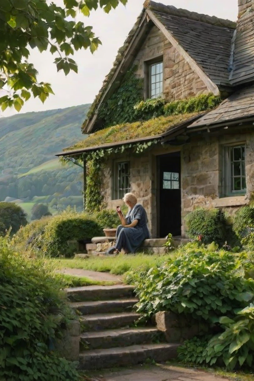 Old stone cottage surrounded by ivy, a woman sits on the front steps, sipping tea, with a view of the rolling hills and forests in the distance.