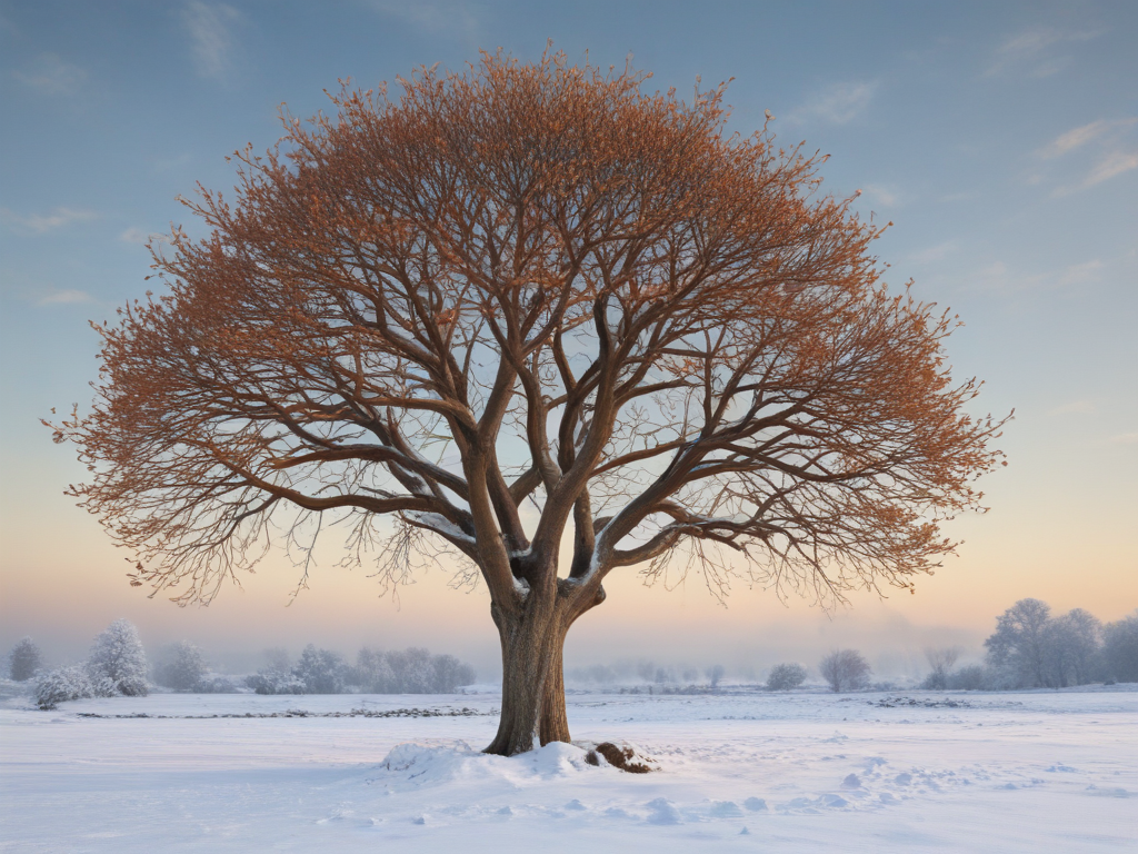 A Majestic Tree Standing Alone in a Snow-Covered Winter Landscape.