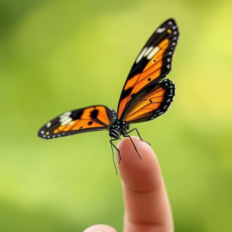 Generate an image of a colorful butterfly perched on a person's finger. The butterfly should have striking black, yellow, and orange patterns on its wings. The background should be a soft, blurred green, suggesting a natural outdoor setting. The focus should be on the butterfly and the hand, capturing the delicate details of the wings and the gentle interaction with nature.