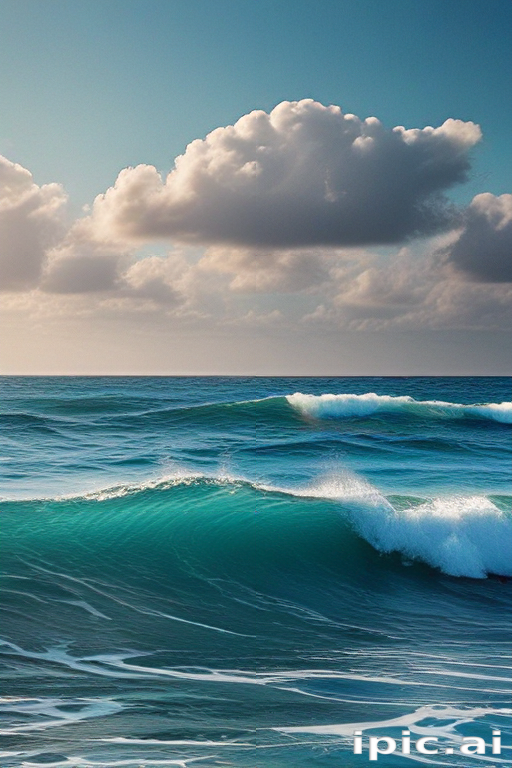 Majestic Ocean Waves Under a Bright Sky with Fluffy Clouds