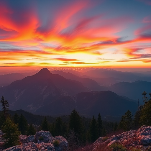 Create a high-resolution image of a picturesque mountain landscape during sunset, with vibrant colors in the sky, using a DSLR camera, 24mm lens, aperture f/11, ISO 100, and a tripod for stability, capturing a panoramic view.