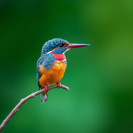 A vibrant kingfisher perched on a branch with a blurred green background, captured with a Canon EOS R5, 85mm lens, aperture f/2.8, ISO 200, shutter speed 1/250s, in soft focus style for enhanced detail and clarity.