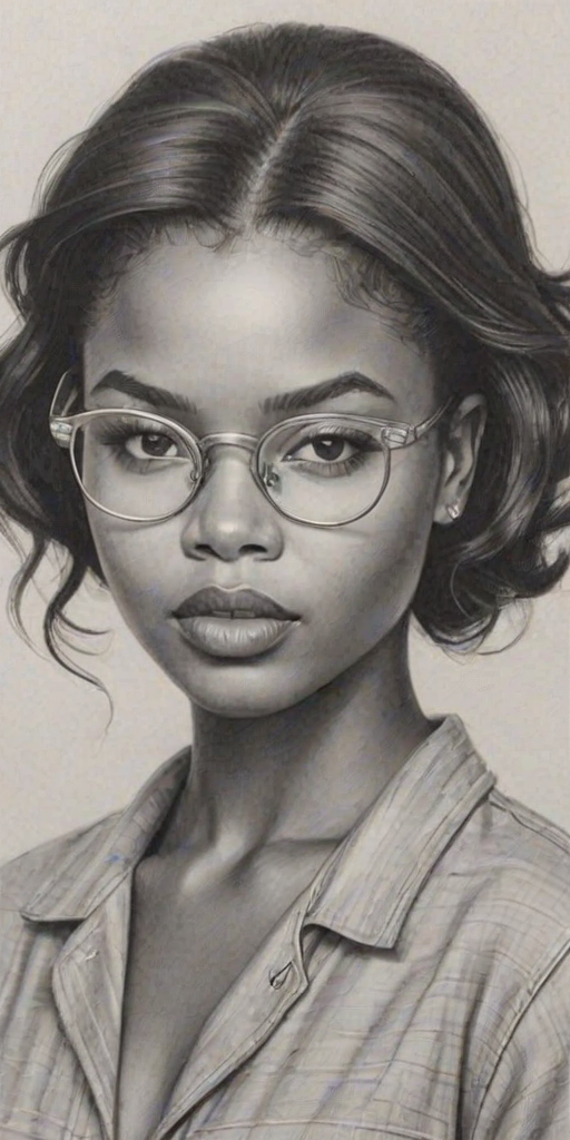 Enchanting Ryan Destiny, pencil sketch, portrait of Comely woman 1952s in glasses, hair style beatnik, outline, clear lines, fine lines, 8k