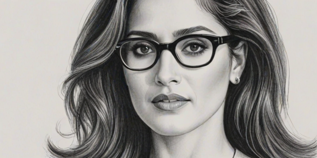 Splendid Salma Hayek, pencil sketch, portrait of Elegant woman 1955s in glasses, hair style beatnik, outline, clear lines, fine lines, 8k