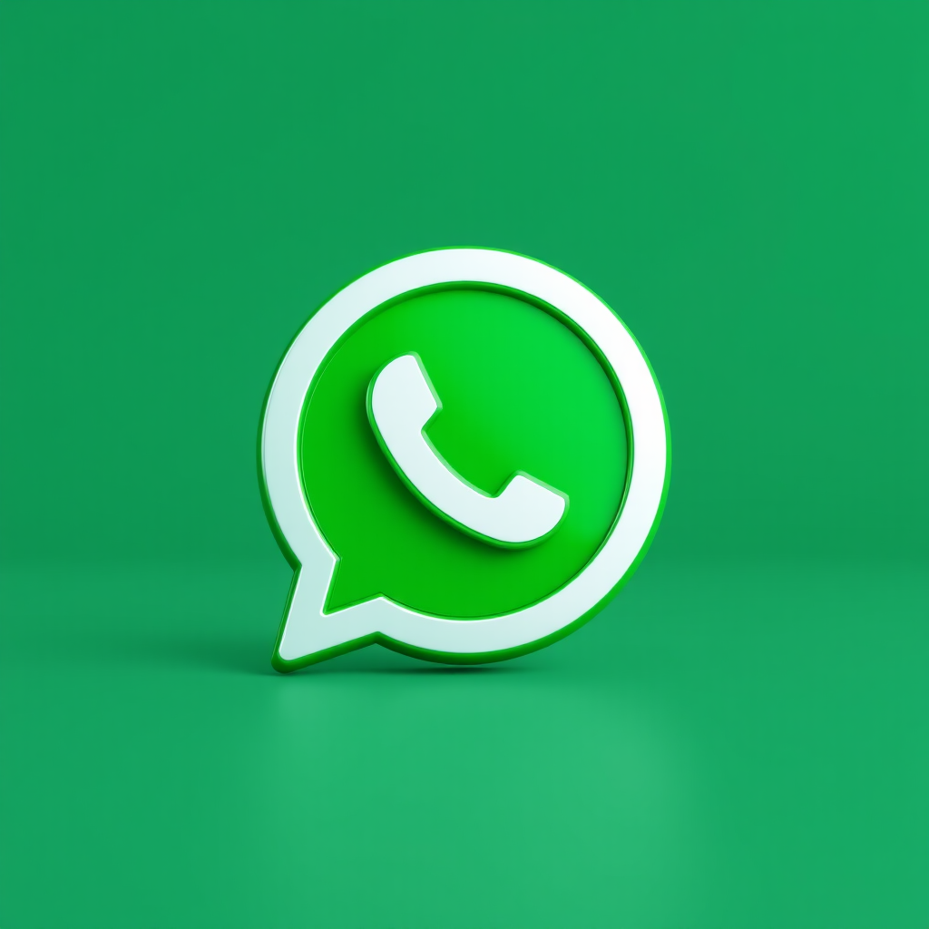 3D rendering of a shiny green WhatsApp logo on a soft green background, 85mm lens, f/2.8 aperture, ISO 100, studio lighting, shallow depth of field, high-resolution photography.