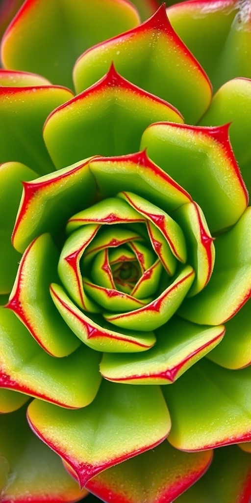 Close-up view of a vibrant green succulent plant with spiraled leaves and red-tipped edges, showcasing intricate patterns and textures.