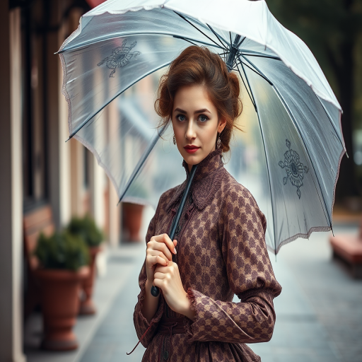 Create a high-resolution image of a woman in a vintage Victorian dress holding an umbrella, shot in natural light with a 50mm lens, aperture set to f/1.8 for a soft background blur, using a DSLR camera with a wide-angle view to capture detailed patterns and textures of the dress.