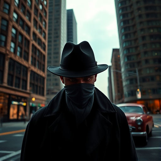 Create a moody urban noir scene featuring a detective in a fedora with a shadowed face, against a backdrop of towering buildings and a vintage car, using a Canon EOS R5 with a 50mm f/1.8 lens, aperture set to f/2.8, ISO 200, and a low angle view to emphasize the dramatic lighting and colors.