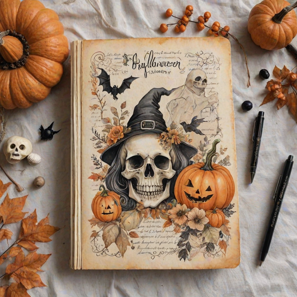 Design a detailed watercolor, vintage-inspired Halloween-themed imagery for a cottagecore junk journal. The design features a spooky yet shabby chic aesthetic with handwritten elements in faded ink, showing slight wear. Include pumpkins, cute ghosts, and adorable skulls alongside autumn florals, all rendered in soft pastel colors like pale orange, cream, and black for accents. The imagery has a slight worn or parchment texture, creating a nostalgic feel. The high-resolution image has no blur, contrast, or grainy textures, and is filled with intricate details in 8k definition.