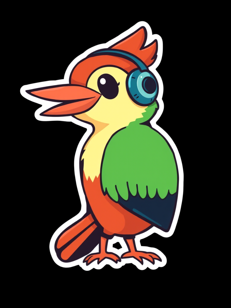 this picture is sticker, Happy Colorful Woodpecker wearing Headphones, kawaii, contour, vector, black background