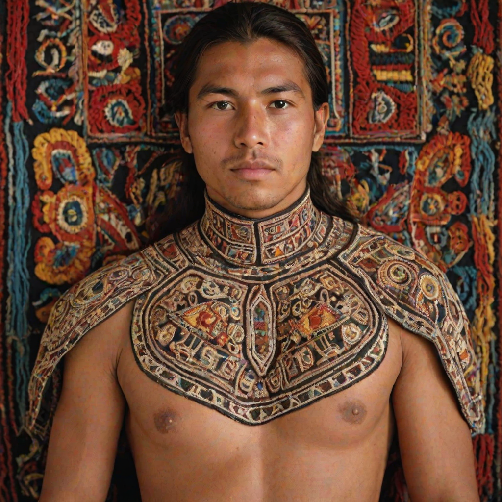 Face, shoulders, chest covered in openwork Inca embroidery. Raw, unedited image.