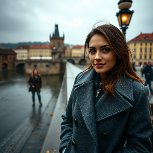 cinematic photo from above, waist up shot, sharp focus, a beautiful woman in foreground, in Prague, at the Charles Bridge, river in background, overcast rainy day, wearing long grey wool coat, warm rich color palette