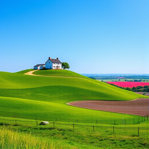 Generate a high-resolution image of a serene landscape with rolling green hills, a quaint farmhouse on a hilltop, vibrant fields, and a clear blue sky, captured with a DSLR camera at f/8 aperture, 1/250s shutter speed, ISO 100, using a wide-angle lens for an expansive view.