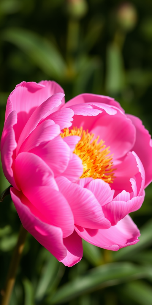A vibrant pink peony flower in full bloom, captured with a Canon EOS 5D Mark IV, 50mm lens, aperture f/1.8, ISO 100, natural sunlight, shallow depth of field, focusing on the intricate petal details against a soft green background.