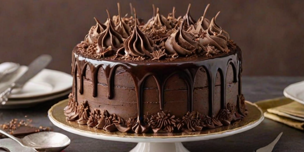 Generate an image of a beautifully decorated chocolate cake. The cake should have multiple layers, rich chocolate frosting, and intricate chocolate decorations on top. Include chocolate shavings and a glossy chocolate ganache dripping down the sides. The overall presentation should be elegant and enticing, showcasing a variety of textures and details.