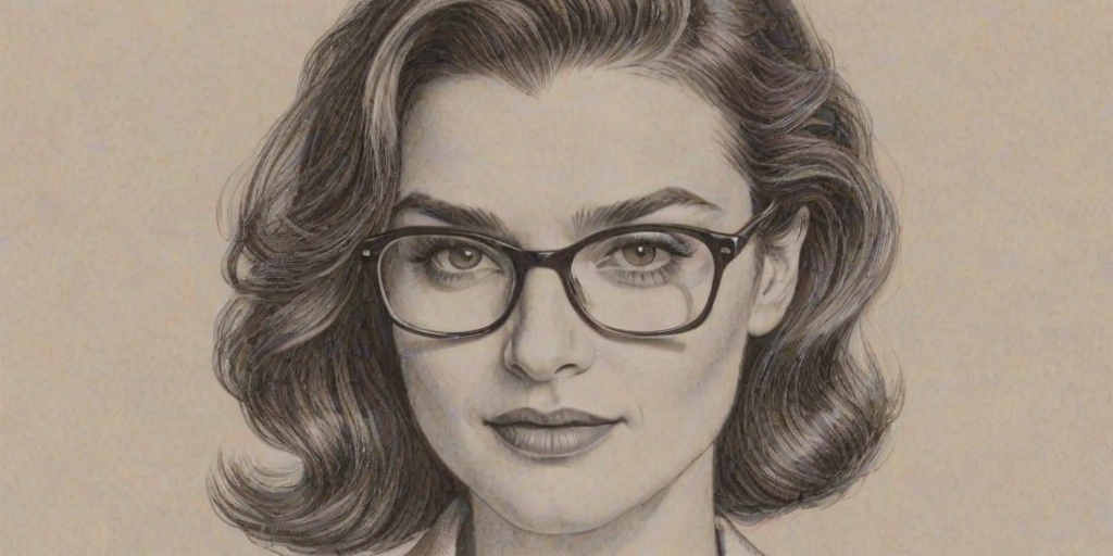 Dazzling Rachel Weisz, pencil sketch, portrait of Wonderful woman 1947s in glasses, hair style beatnik, outline, clear lines, fine lines, 8k