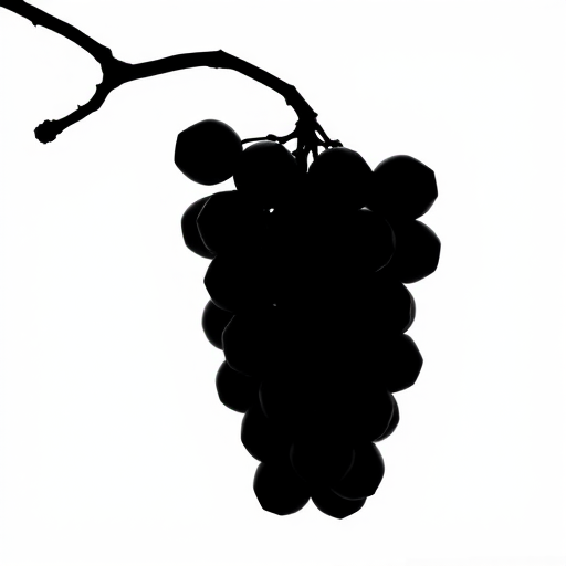 Capture a high-resolution image of a simple black silhouette of a grape cluster against a white background using a Canon EOS R5 with an EF 85mm f/1.2L lens, aperture set to f/2.8, ISO 100, and a shutter speed of 1/200s for optimal clarity and contrast.
