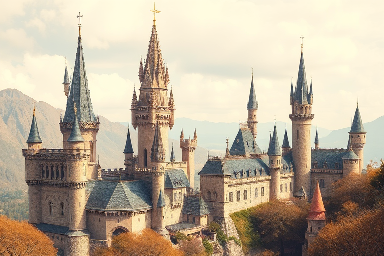 Generate a high-resolution image of a fantasy castle landscape with intricate towers and spires, using a 50mm lens, f/8 aperture, ISO 100, shot from a slightly elevated view in soft natural lighting, incorporating watercolor textures and warm earth tones.