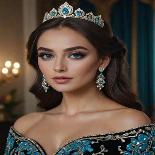 A gorgeous Azerbaijani woman in a luxurious black gown, accessorized with a dazzling tiara and statement earrings, her deep cyan eyes highlighted by impeccable makeup, poised in a royal setting, photorealistic, 8K quality