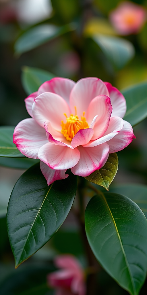 create a high-resolution image of a pink and white camellia flower on a green leaf with a soft focus background, shot with a Canon EOS R5 at f/2.8, 1/100s, ISO 100, from a slightly elevated angle for a natural look.