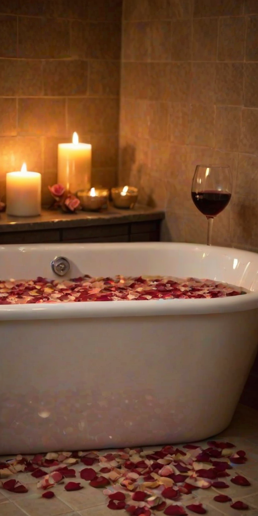 Warmly lit photo of a luxurious bathtub filled with bubbles and rose petals, soft candlelight casting warm shadows on the tiles, with a glass of wine on the edge.