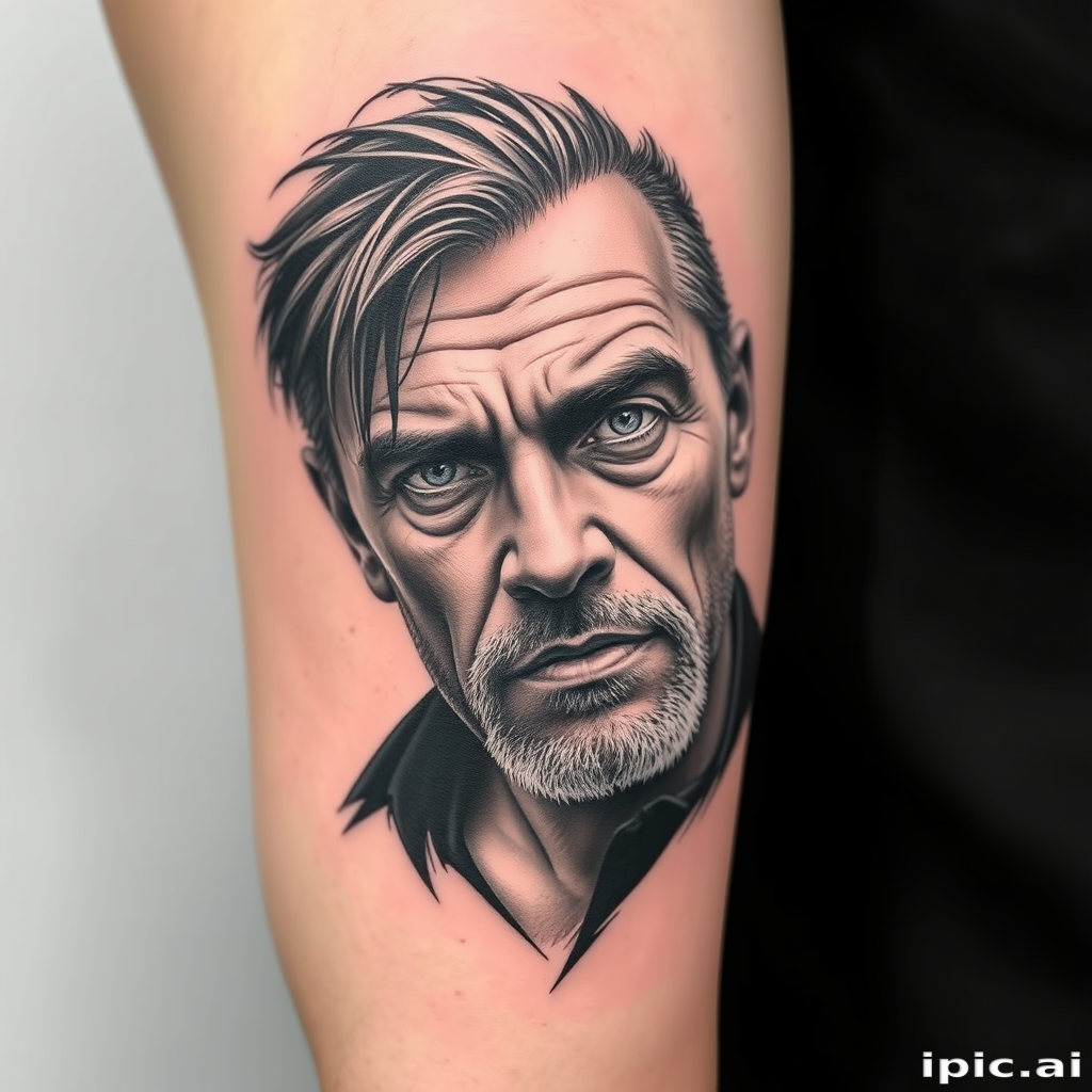 Photorealistic black and gray portrait tattoo on the bicep, capturing every nuance of expression and texture, with masterful shading and contrast to bring the subject to life