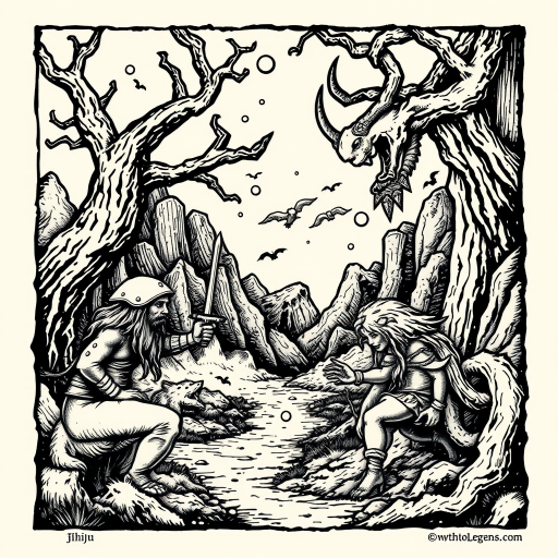 Woodcut-style "Mythic Legends" tattoo illustration depicting ancient folklore and mythological scenes with distinctive crosshatching and etching techniques creating a timeless and rustic appearance