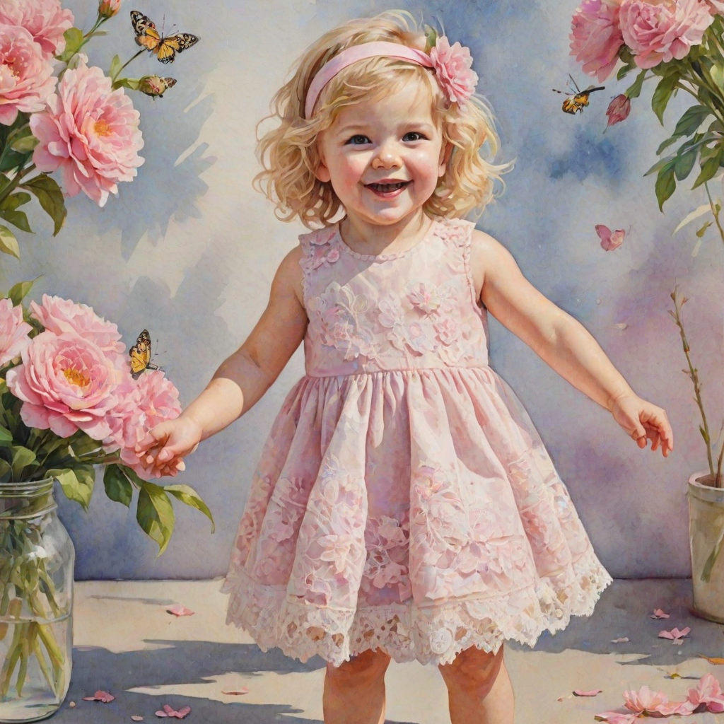 hyperrealism happy smiling toddler girl with messy wavy blonde hair with a headband, she is wearing a pink and white lace dress with pink and white shoes, she is holding a pink bouquet of flowers. Pink flowers and butterflies. summer background. Watercolor Highly detailed