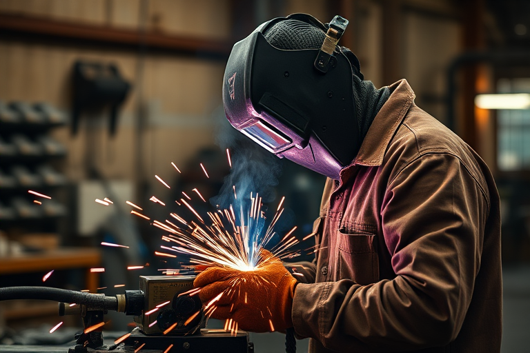 welding scene with a skilled worker in protective gear using a welding machine in a workshop, dynamic sparks flying, low depth of field, ISO 400, f/2.8, 1/250s, shot on a DSLR camera with a 50mm lens, warm lighting and high contrast to enhance details