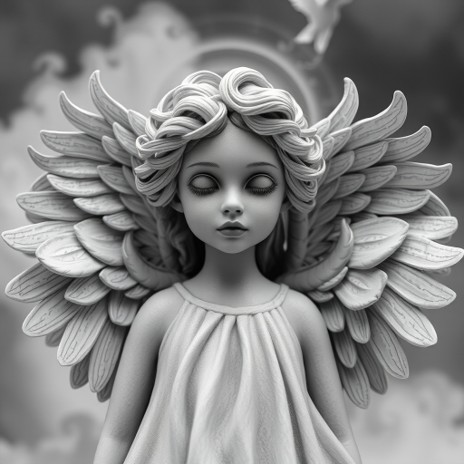 An angel, crafted in the unique style of Folk Art, as she unfolds herself against an ethereal backdrop, her wings softly billowing, face radiating a heavenly glow, every curl in her strikingly serene countenance finely brushed, monochrome, detailed techniques, ultra fine, breathtaking surreal masterpiece