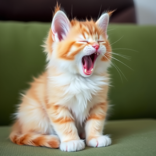 A fluffy light orange and white kitten sitting on a green couch yawning with its eyes closed and front paws together.