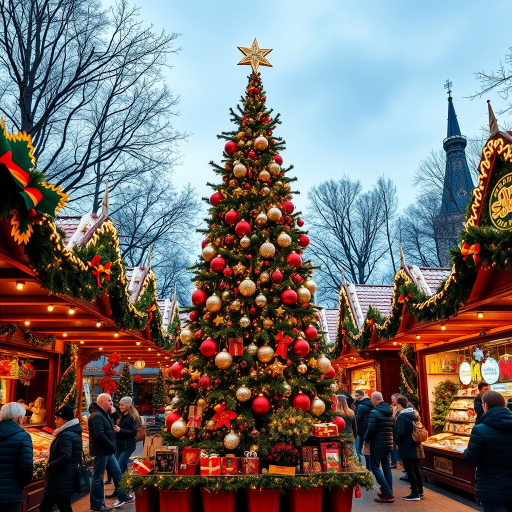 Generate an image of a festive Christmas market scene. Include a beautifully decorated Christmas tree with shiny ornaments and a star on top. Surround the tree with colorful market stalls adorned with lights and holiday decorations. Capture the vibrant atmosphere with shoppers enjoying the festivities.