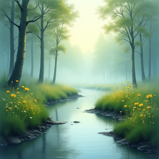 A peaceful, misty forest scene with a gently flowing stream at the center, reflecting the soft, cool light of the early morning. Lush green grass and wildflowers border the stream. Trees with thin trunks stand tall in the background, fading into a misty, hazy atmosphere, in a superfine watercolor style.