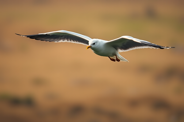 Create a high-resolution image of a gull in mid-flight, captured with a DSLR camera at 1/2000 sec shutter speed, f/4 aperture, ISO 400, using a 300mm telephoto lens from a low angle, with a soft blurred background to enhance focus on the bird.