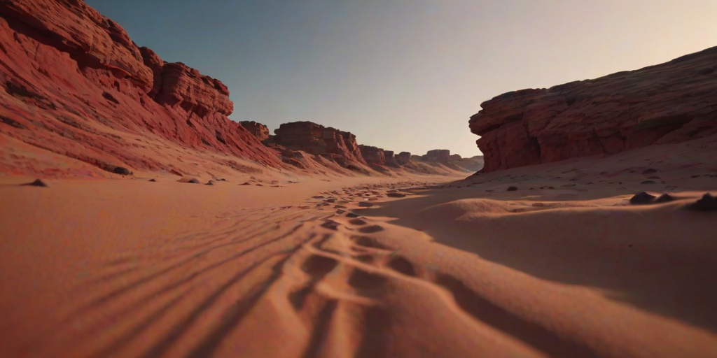 scenery, sand, rock, sky, red colors, depth of field, highly detailed, cinematic lighting, aesthetic