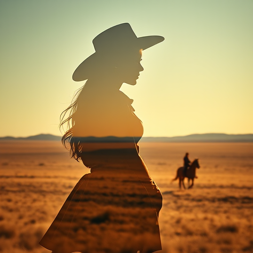 "Create a Double exposure", a silhouette "profile portrait of a young cowgirl" with long hair "superimposed" against a long shot of a cowgirl riding a horse across the plains, fantastic view, 32k, cinematic, hyper-realistic.