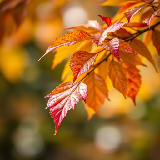 Capture a close-up shot of colorful leaves on a branch with a shallow depth of field, use a Canon EOS 5D Mark IV, aperture f/2.8, ISO 400, focal length 50mm, natural soft lighting, focus on the details of leaf textures and colors, create a bokeh effect in the background.