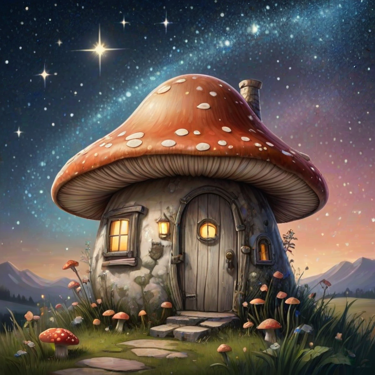 imagine illustration of a mushroom house with a door and a window, a storybook , fantasy art, mushroom house, bg starry sky, sparkles