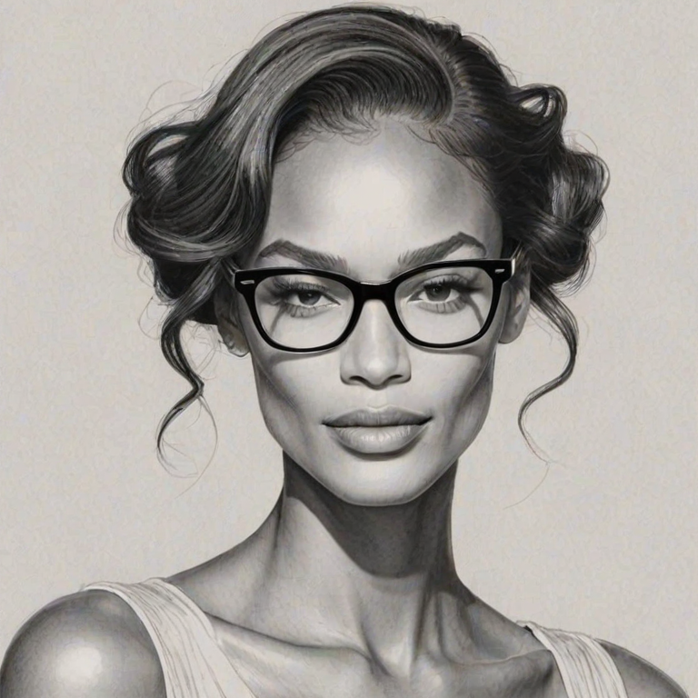 Radiant Joan Smalls, pencil sketch, portrait of Resplendent woman 1951s in glasses, hair style beatnik, outline, clear lines, fine lines, 8k