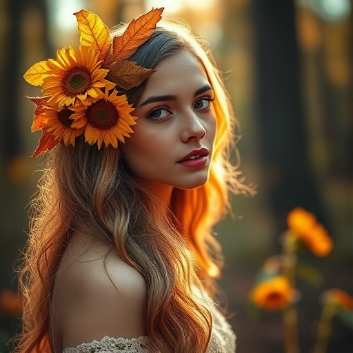 Create an ethereal portrait of a woman with sunflowers and autumn leaves in her hair, capturing soft golden lighting, using a 50mm f/1.8 lens at ISO 100, aperture f/2.8, and a shallow depth of field, shot from a slightly low angle to accentuate her features in a dreamy forest setting.