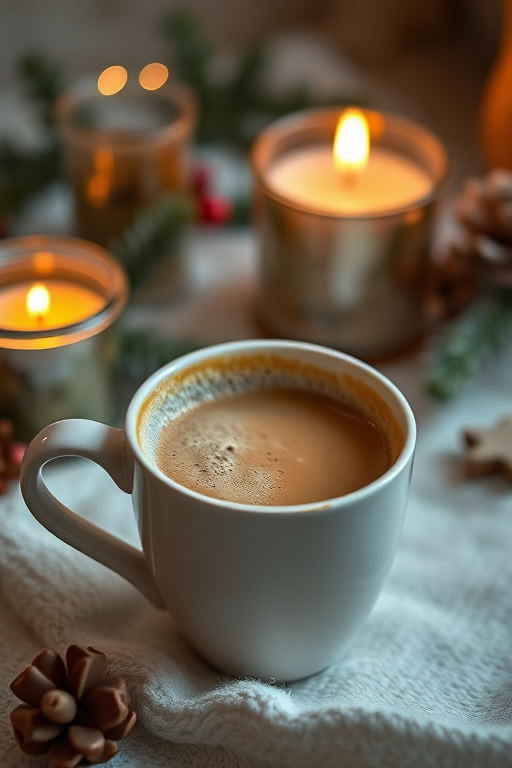 a cozy, close-up shot of a coffee cup filled with frothy coffee, surrounded by a softly glowing candle and festive decorations, captured with a Canon EOS R, 50mm lens, f/1.8 aperture, ISO 200, natural lighting for a warm, inviting feel